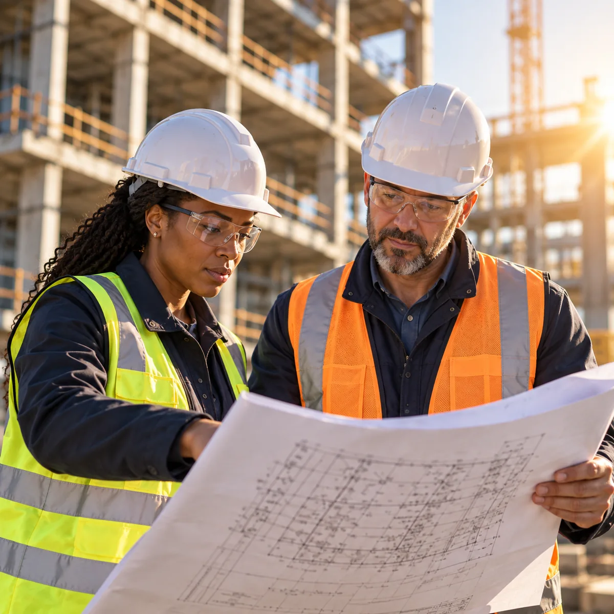 Construction professionals reviewing drawings together on site