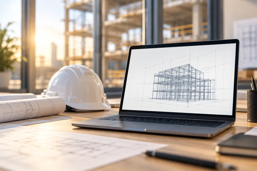 Project drawings open on a laptop beside a hardhat and rolled plans