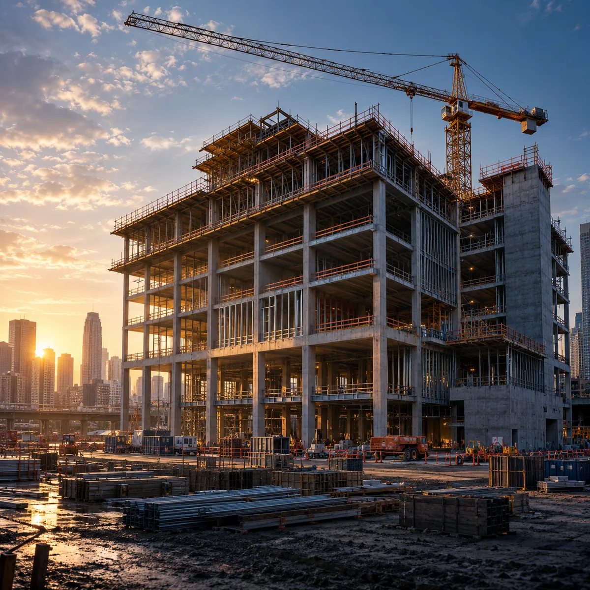 Illustrative commercial construction site with a tower crane and concrete structure at sunrise